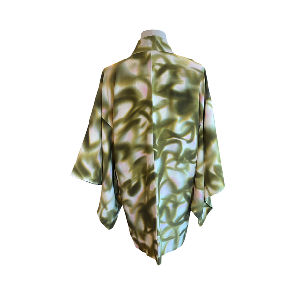 Japanese vintage silk haori /jacket -olive green + pink shibori