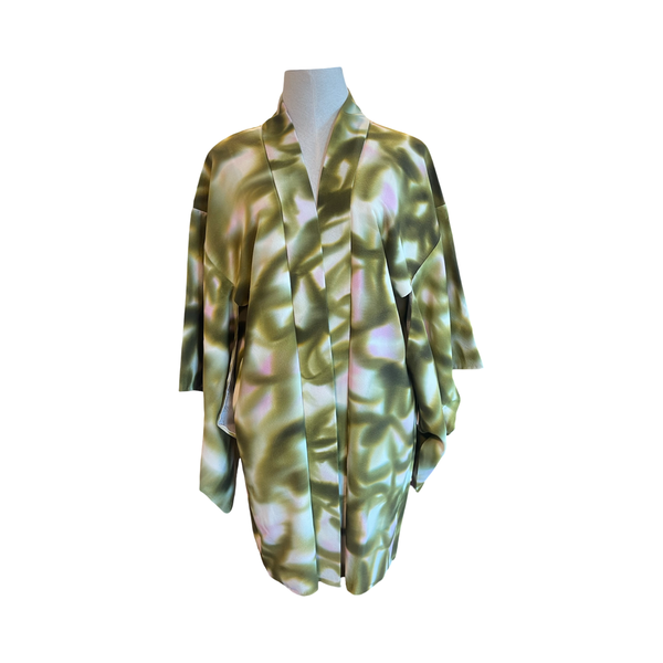 Japanese vintage silk haori /jacket -olive green + pink shibori