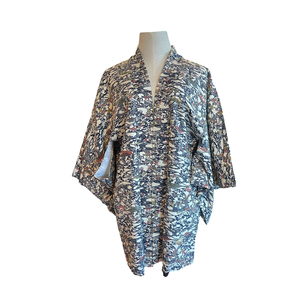Japanese vintage silk haori /jacket- country scene on natural silk