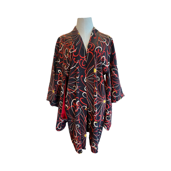 Japanese vintage silk haori /jacket - black + red crysthamum