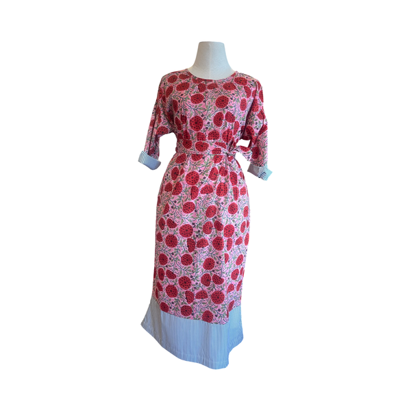 Round neck gathered cotton block print maxi dress D16625 pink with red fruit