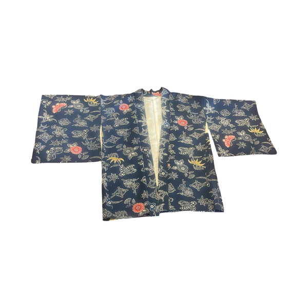 Japanese vintage silk haori /jacket- butterflies + flowers on a navy background