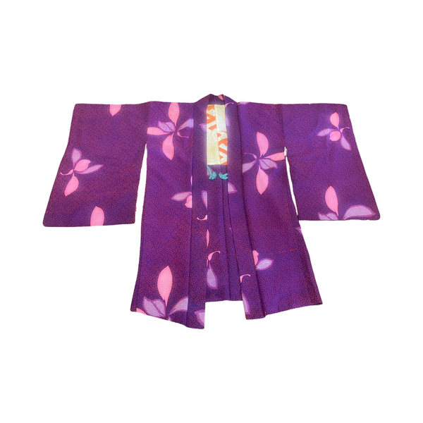 Japanese vintage silk haori /jacket- purple + pink stylized floral