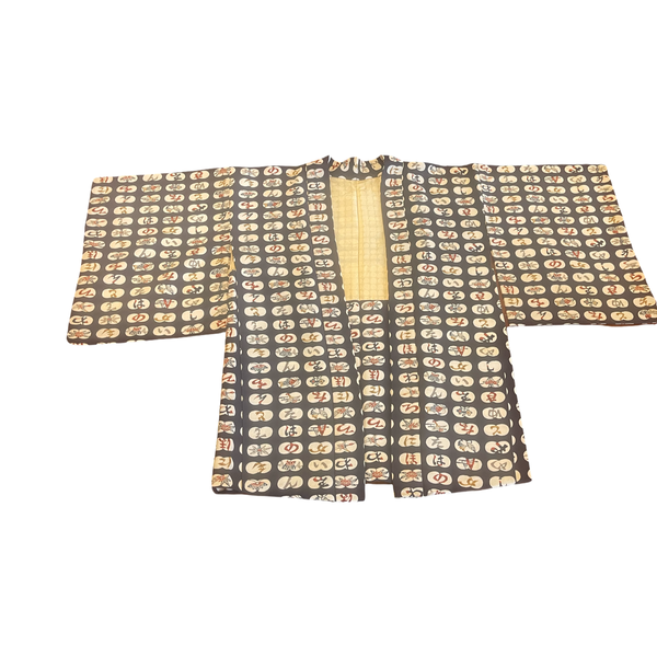 Japanese vintage silk haori /jacket- Repetitive stylized motif on a navy background
