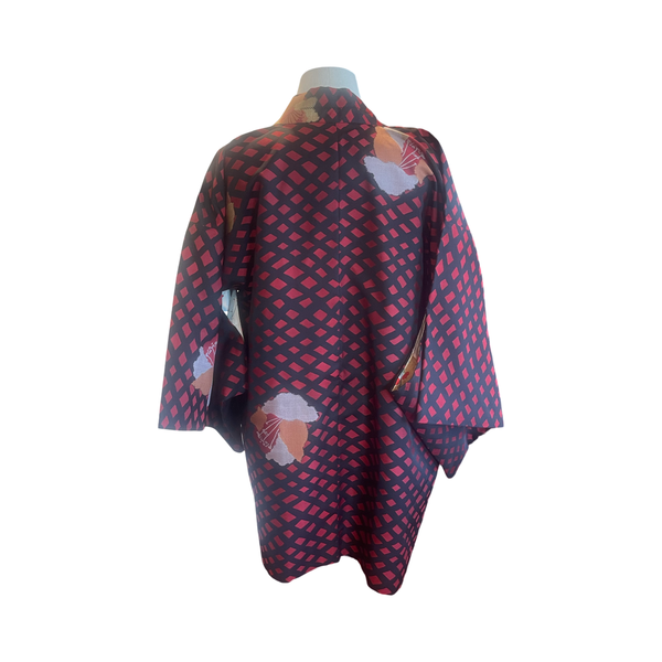 Japanese vintage Meisen silk haori black with repetitive rectangles + flowers