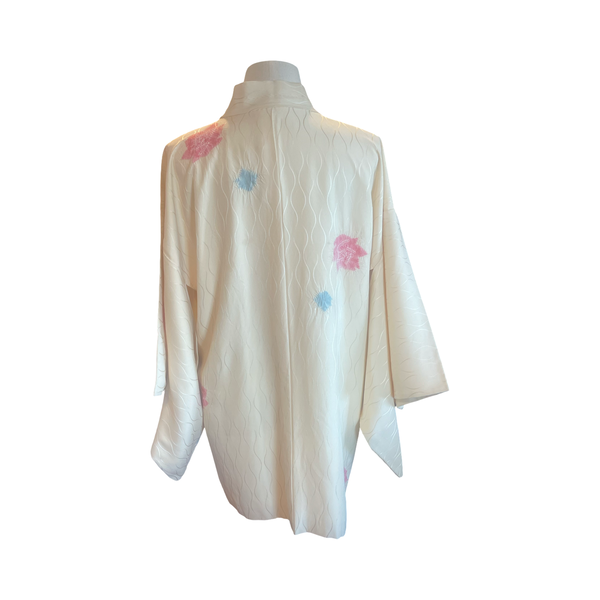 Japanese vintage silk haori /jacket cream embossed with scattered blue + pink shibori flowers