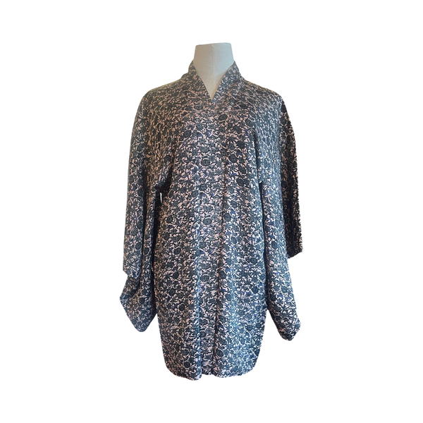Japanese vintage silk haori /jacket- Stylized pattern of birds, flowers + leaves on pinks
