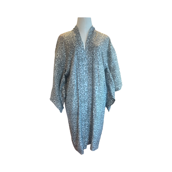 Japanese vintage Meisen silk haori grey damask with repetitive black floral