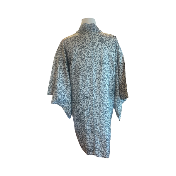 Japanese vintage Meisen silk haori grey damask with repetitive black floral