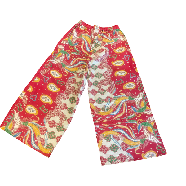 PS01 Pull on cotton batik trousers red peacock + leaf