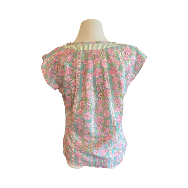 T746 Side neck tie top pink floral with contrast neck