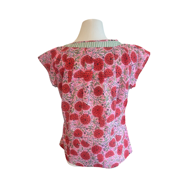 T746 Side neck tie top pink with red fruits and contrast neck