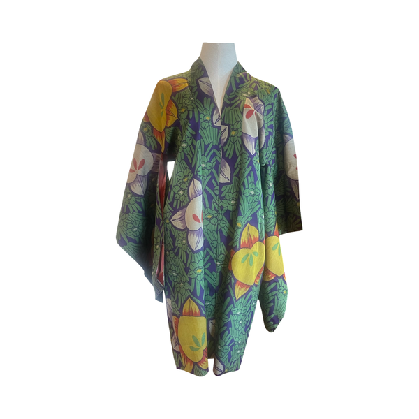 Japanese vintage Meisen silk haori green + navy with large graphic