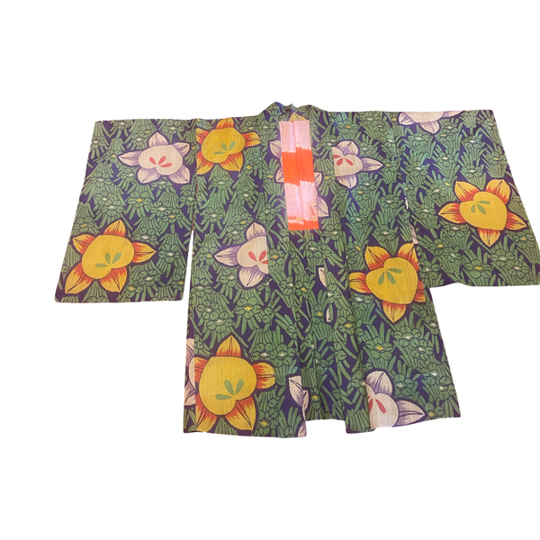 Japanese vintage Meisen silk haori green + navy with large graphic