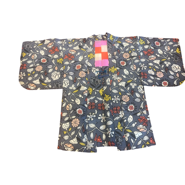Japanese vintage Meisen silk haori- floral with grey background