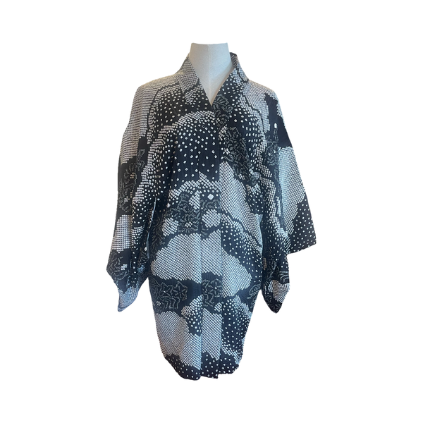 Japanese vintage shibori silk haori- black + white