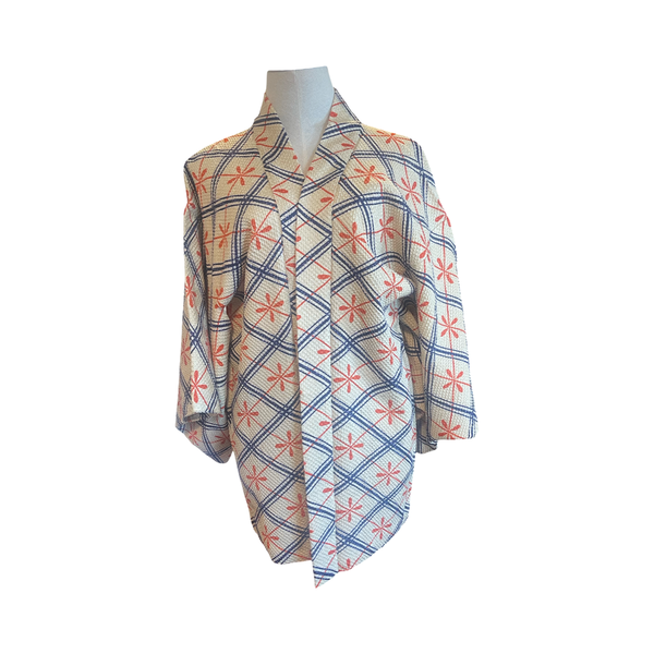 Japanese vintage silk shibori haori - diamond navy + orange