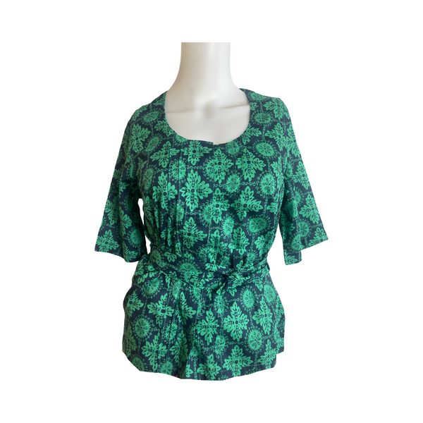 T658 Japanese cotton Pintuck top with 3/4 sleeves blue +green geometric print