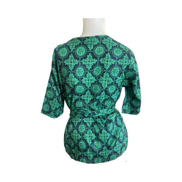 T658 Japanese cotton Pintuck top with 3/4 sleeves blue +green geometric print