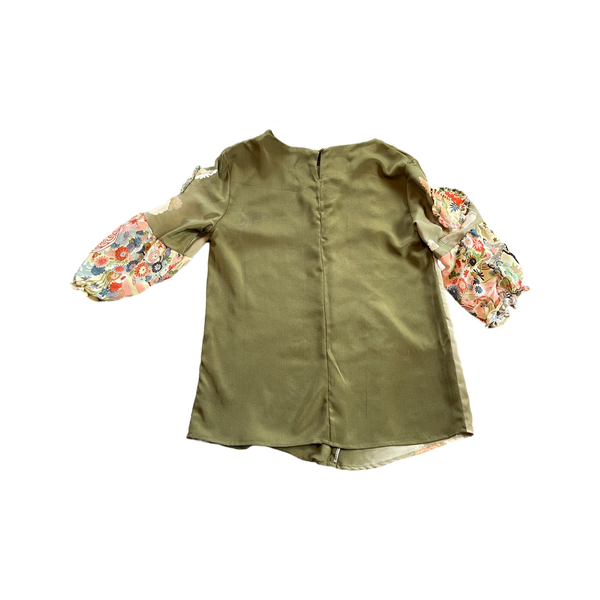 T825 Heart on Sleeve Japanese Silk olive green top- medium