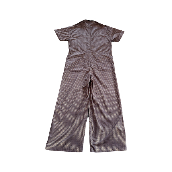 JS02 cotton jumpsuit dark brown with a small repetitve print of off white + gold