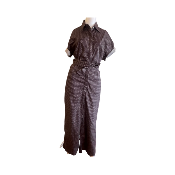JS02 cotton jumpsuit dark brown with a small repetitve print of off white + gold