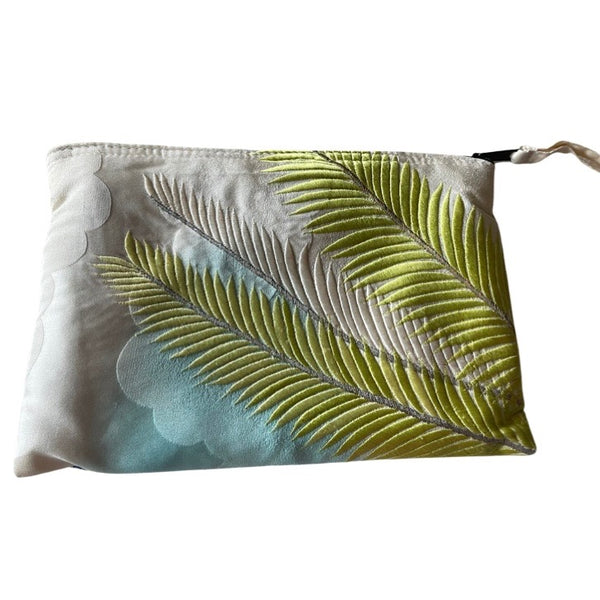 Wristlet Pouch embroidered leaf blue + green