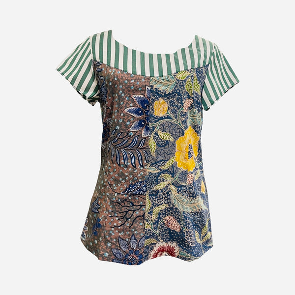T822 hand print batik top soft blue +green floral