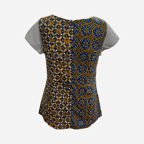 T822 hand print batik top terracota + blue Pekalongan