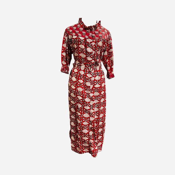 D 285 Pleat neck hand block print cotton smock dress