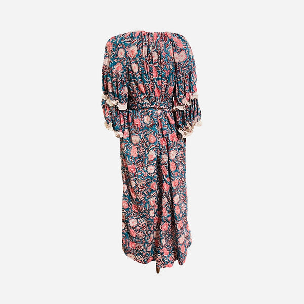 Block print light cotton block print doubled gathered sleeve dress D292