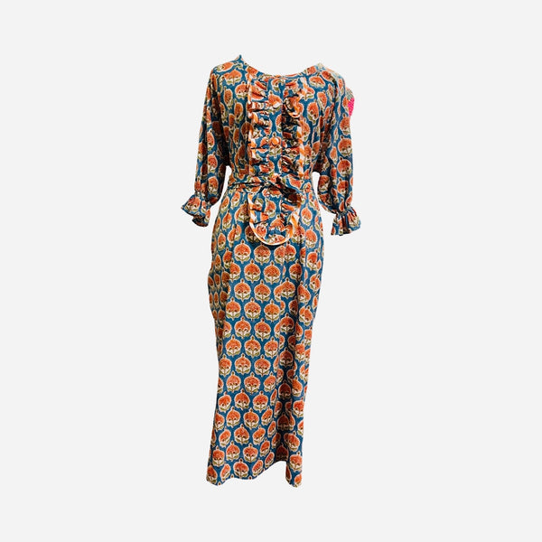 D16626 Ruffled front tab block print cotton maxi dress