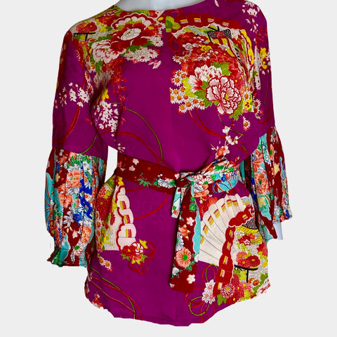 Pleat sleeved vintage kimono silk top T825