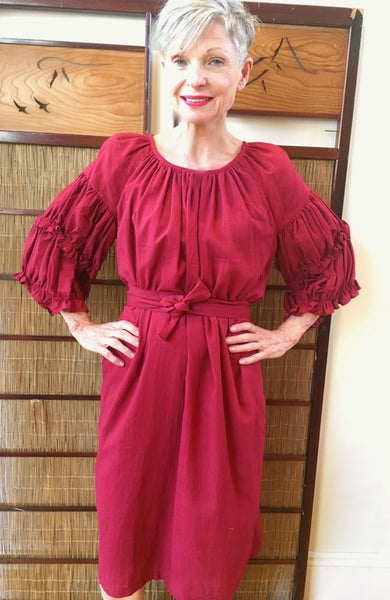 Block print light cotton block print doubled gathered sleeve dress D292