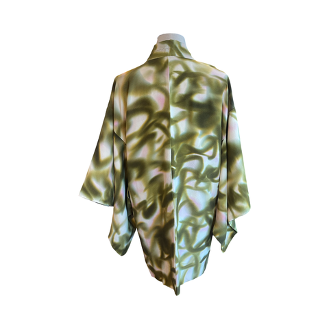 Japanese vintage silk  haori /jacket -olive green + pink shibori