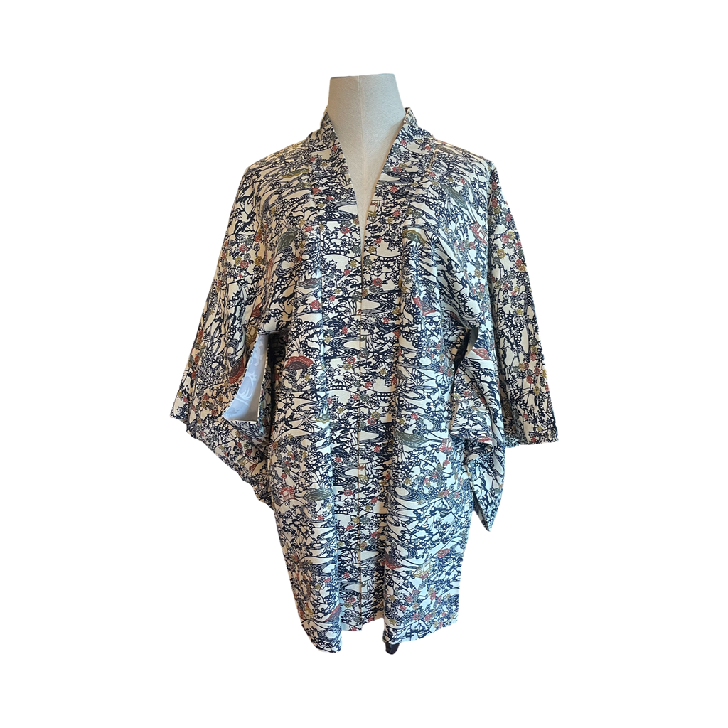Japanese vintage silk haori /jacket- country scene on natural silk