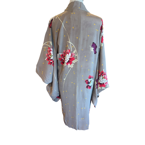 Japanese vintage silk haori /jacket- red peonies on grey background