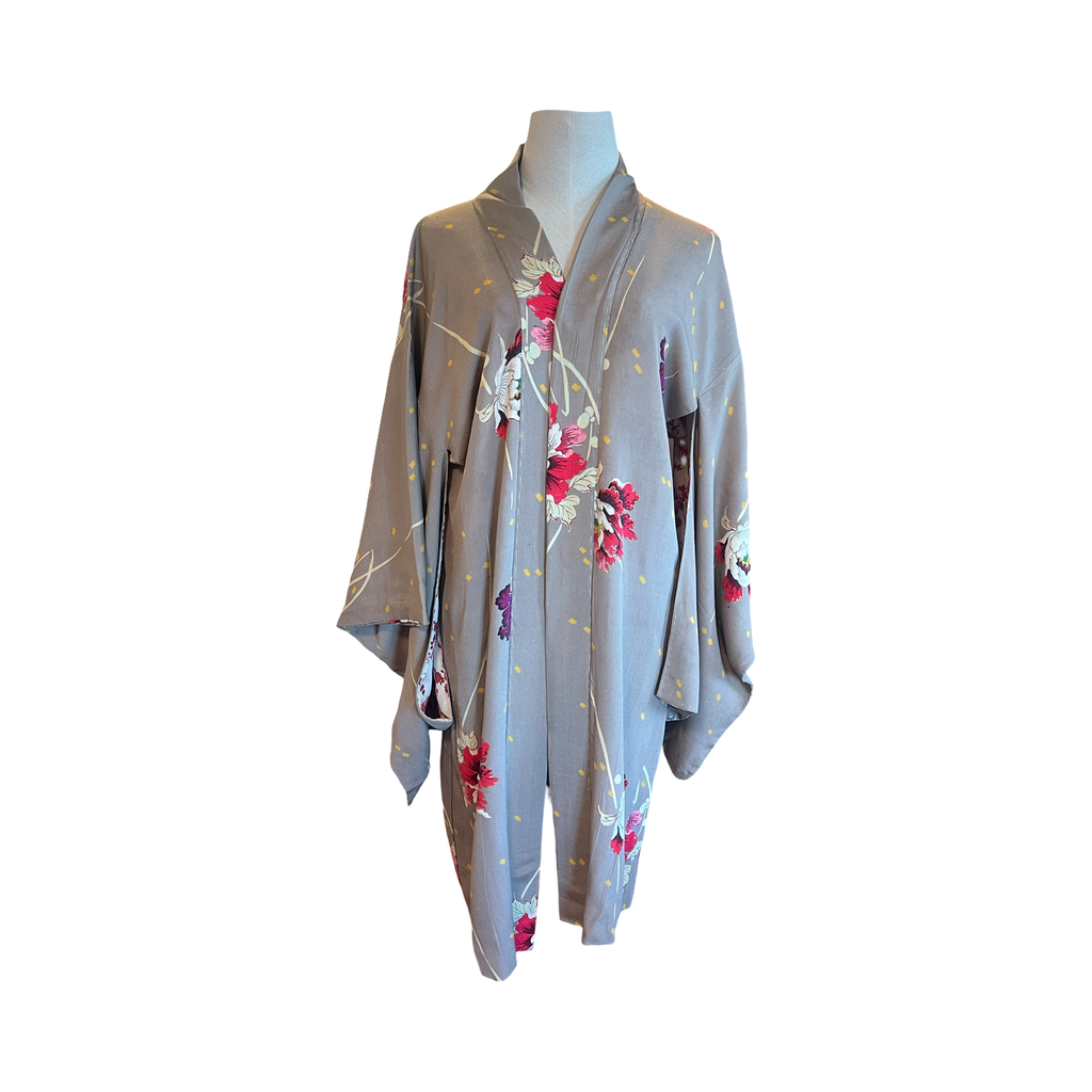 Japanese vintage silk haori /jacket- red peonies on grey background