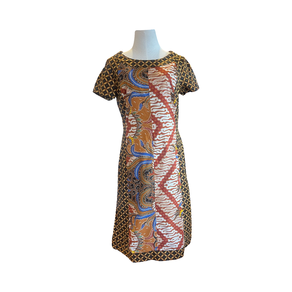 D237 Hand print batik cotton dress caramel hues