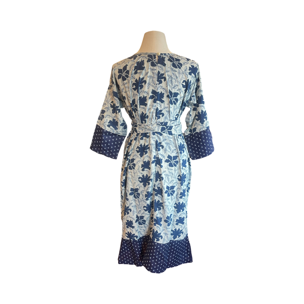 Round neck gathered cotton block print maxi dress D16625 indigo floral