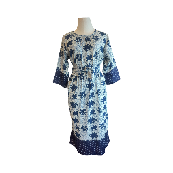 Round neck gathered cotton block print maxi dress D16625 indigo floral