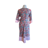 Round neck gathered cotton block print maxi dress D16625 Apricot, red + green paisley