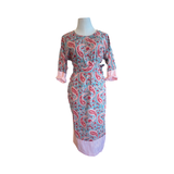 Round neck gathered cotton block print maxi dress D16625 Apricot, red + green paisley