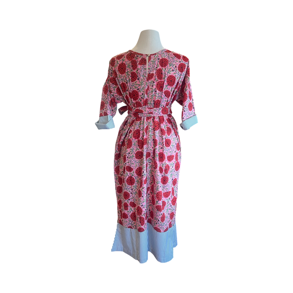 Round neck gathered cotton block print maxi dress D16625 pink with red fruit