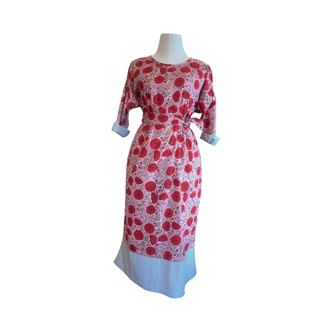 Round neck gathered cotton block print maxi dress D16625 pink with red fruit