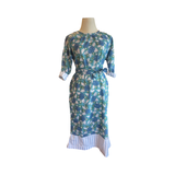 Round neck gathered cotton block print maxi dress D16625 Blue floral