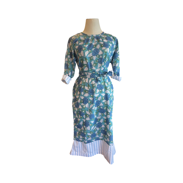 Round neck gathered cotton block print maxi dress D16625 Blue floral