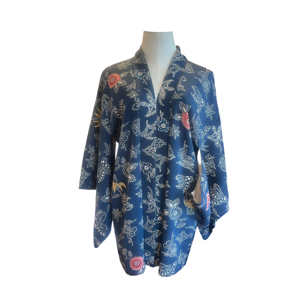 Japanese vintage silk haori /jacket- butterflies + flowers on a navy background