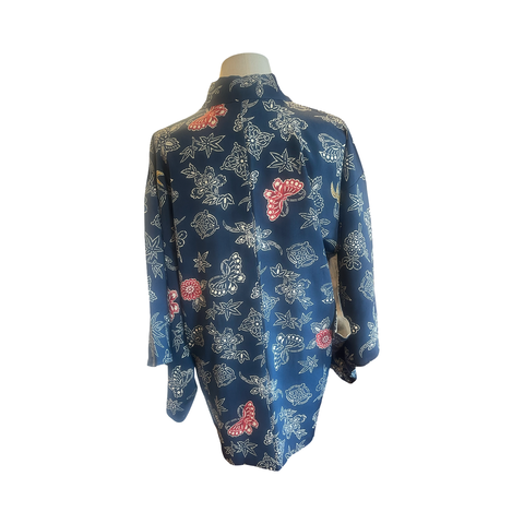 Japanese vintage silk haori /jacket- butterflies + flowers on a navy background