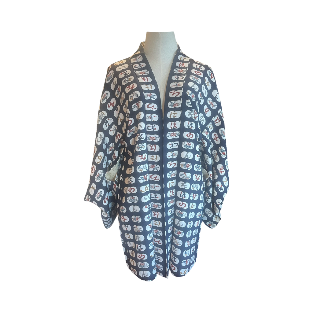 Japanese vintage silk haori /jacket- Repetitive stylized motif on a navy background